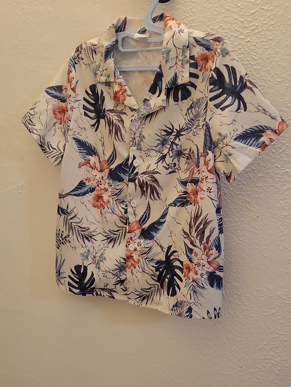 SHEIN White Tropical Button-Down Shirt with Navy & Coral Floral